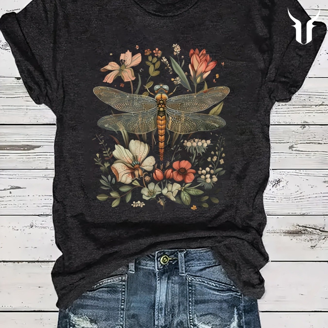 Women's Short Sleeve Shirt: Dragonfly & Floral Design