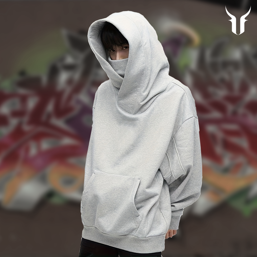 Men's Oversize Fleece Hooded Sweatshirt with Turtle Neck: Plain