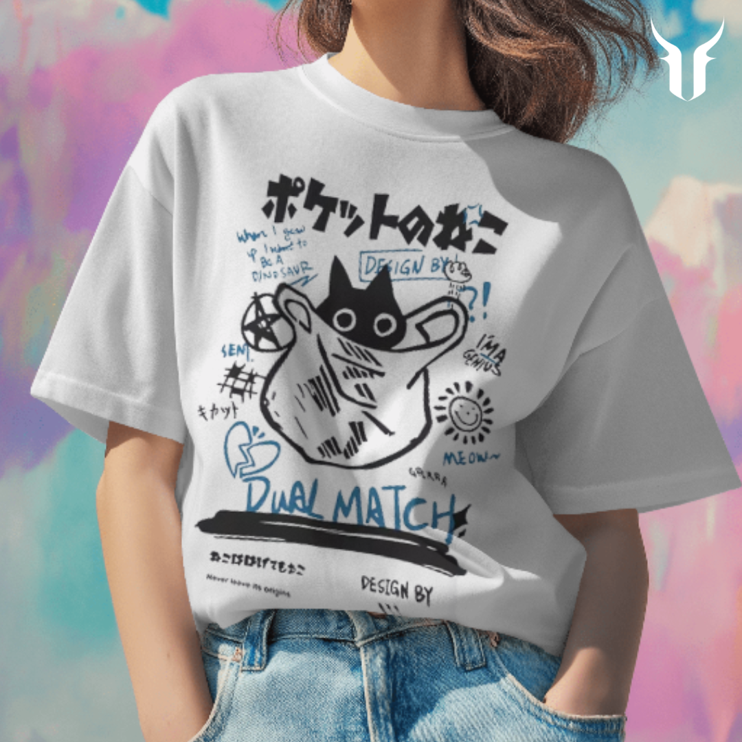 Unisex T-shirt: Dual Match Cartoon Kitty